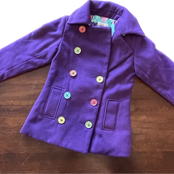 🆕 LITTLE MISS MATCHED Purple Multicolor Button Pea Coat ~ 4 - Picture 3 of 10